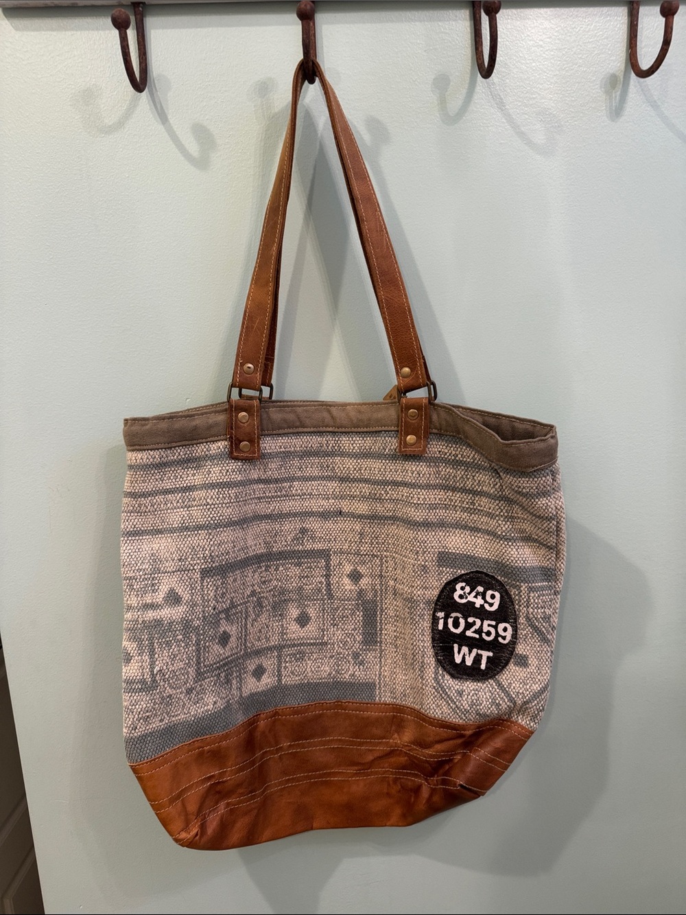 Canvas & Leather Patch Tote in Brown and Cream
